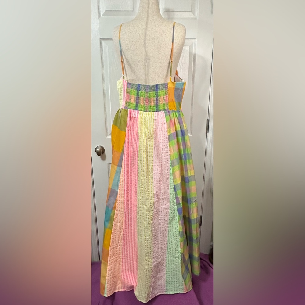 DAVI & DANI Colorful plaid mismatched Striped Maxi Dress smocked back zip up - Picture 5 of 14